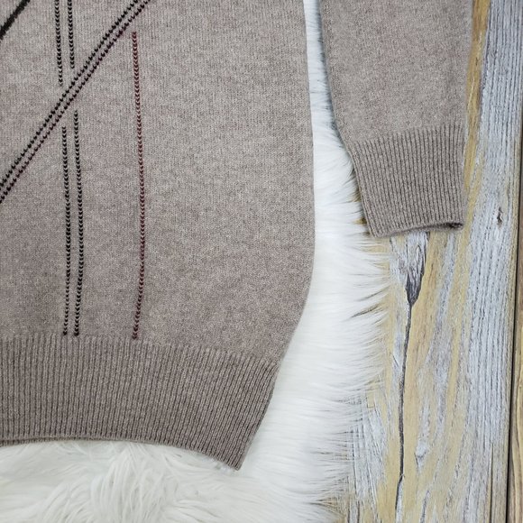 OXFORD Super Lambswool Lambs Wool V Neck Sweater 40 or US M Beige Brown Stripe - Picture 8 of 12